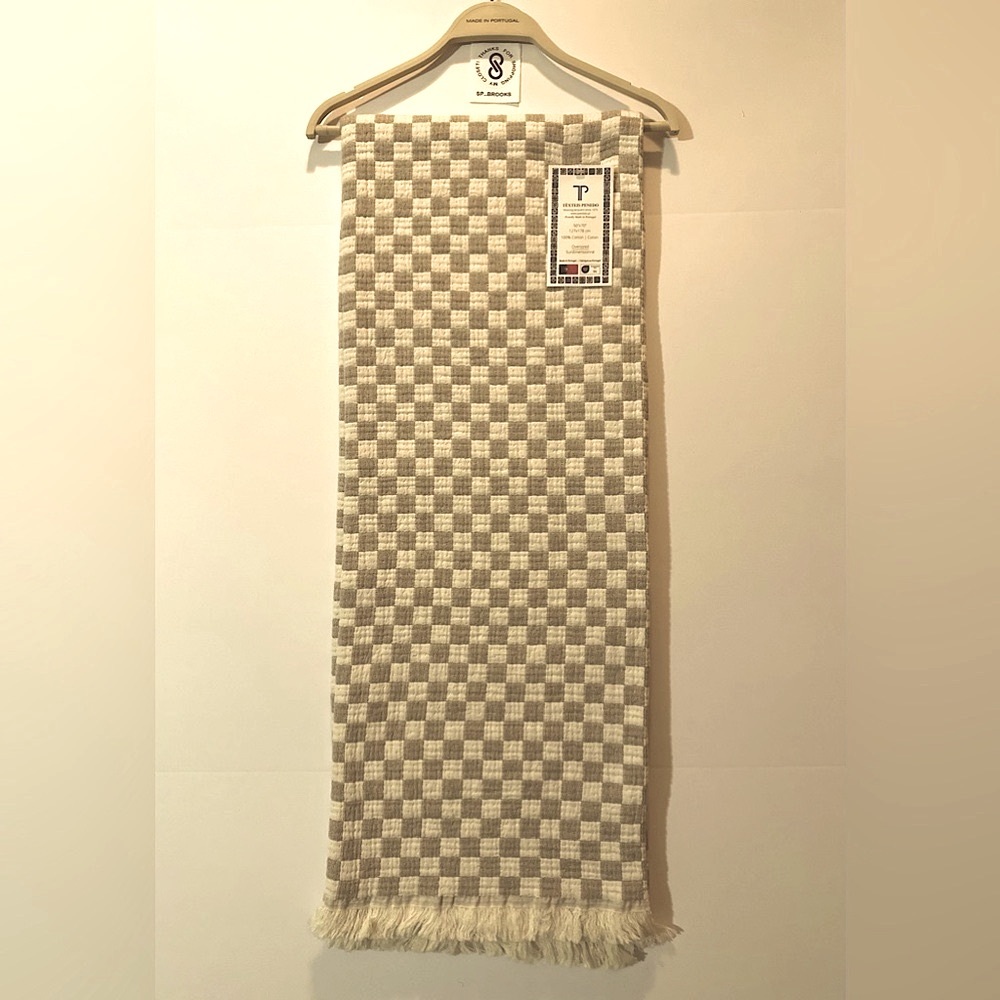 🎁Texteis Penedo Throw Blanket - Mini Check Throw - Taupe & Oatmeal Cotton Check
